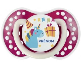 Licorne anniversaire + prénom : 0/6 mois - Fuchsia phosphorescente embout Lovi Dynamic
