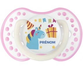 Licorne anniversaire + prénom : 0/6 mois - Blanc-rose phosphorescente embout Lovi Dynamic