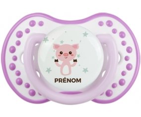 Cochon + prénom : 0/6 mois - Blanc-mauve classique embout Lovi Dynamic