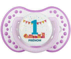 un an anniversaire style 6 + prénom : 0/6 mois - Blanc-mauve classique embout Lovi Dynamic
