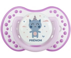 Chat anniversaire + prénom : 0/6 mois - Blanc-mauve classique embout Lovi Dynamic