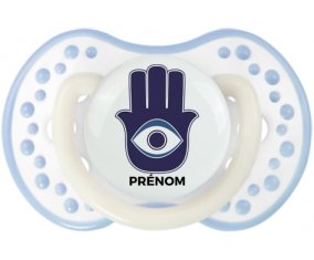 Main de Fatma + prénom : 0/6 mois - Blanc-cyan classique embout Lovi Dynamic
