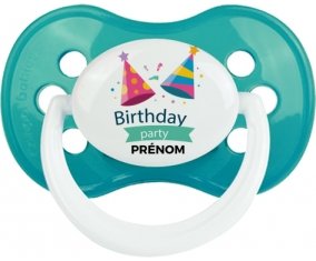 Birthday party style 1 + prénom : Turquoise classique embout anatomique