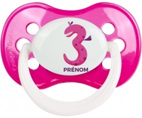 Trois ans anniversaire style 5 + prénom : Rose foncé classique embout anatomique