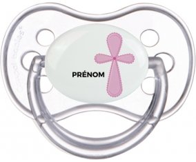 It's a girl croix rose + prénom : Transparente classique embout anatomique