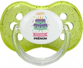 Gâteau anniversaire + prénom : Vert à paillette embout cerise