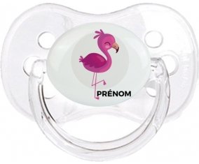 Flamant rose + prénom : Transparent classique embout cerise