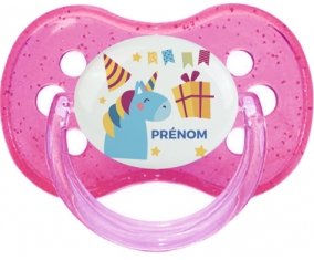 Licorne anniversaire + prénom : Rose à paillette embout cerise