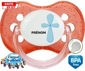 It's a boy croix bleue + prénom : Rouge à paillette embout cerise