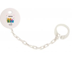 Attache-tétine Cadeaux anniversaire style 2 + prénom couleur Blanc