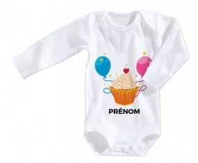 Body bébé Gâteau ballon anniversaire + prénom 3/6 mois manches Longues