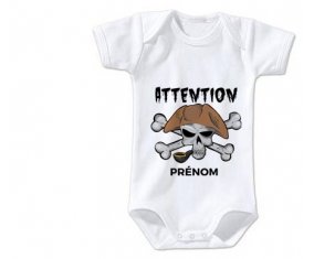 Body bébé Attention pirate + prénom 3/6 mois manches Courtes