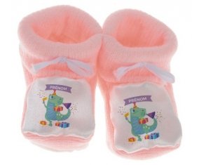 Chausson bébé Joyeux anniversaire style 2 + prénom de couleur Rose