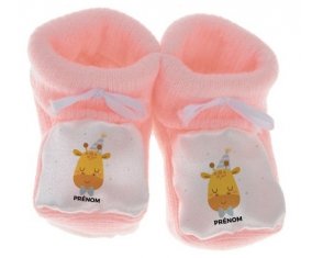 Chausson bébé Girafe anniversaire + prénom de couleur Rose