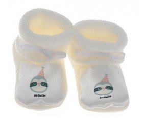 Chausson bébé Paresseux anniversaire + prénom de couleur Blanc