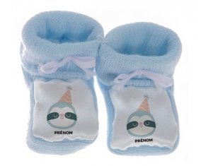 Chausson bébé Paresseux anniversaire + prénom de couleur Bleu