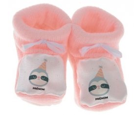 Chausson bébé Paresseux anniversaire + prénom de couleur Rose