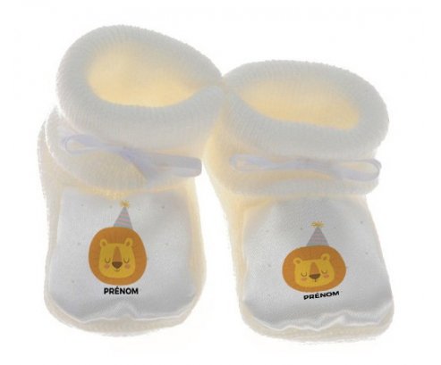 Chausson bébé Lion anniversaire + prénom de couleur Blanc
