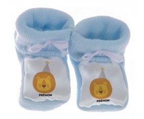 Chausson bébé Lion anniversaire + prénom de couleur Bleu
