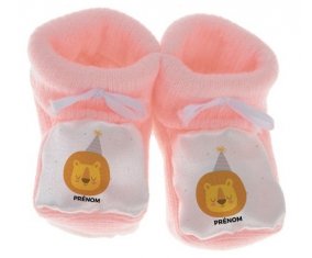 Chausson bébé Lion anniversaire + prénom de couleur Rose
