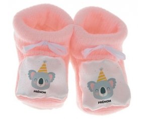 Chausson bébé Koala anniversaire + prénom de couleur Rose