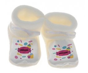 Chausson bébé Bonbons anniversaire + prénom de couleur Blanc