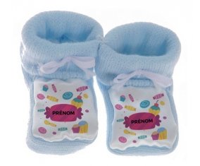 Chausson bébé Bonbons anniversaire + prénom de couleur Bleu
