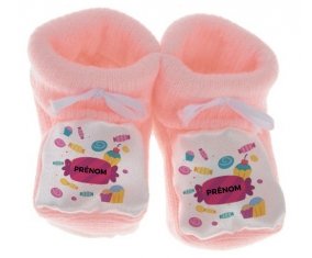 Chausson bébé Bonbons anniversaire + prénom de couleur Rose