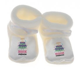 Chausson bébé Gâteau anniversaire + prénom de couleur Blanc