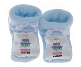 Chausson bébé Gâteau anniversaire + prénom de couleur Bleu