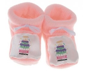 Chausson bébé Gâteau anniversaire + prénom de couleur Rose