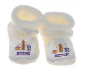 Chausson bébé Cadeaux anniversaire style 1 + prénom de couleur Blanc