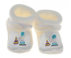 Chausson bébé let's party anniversaire + prénom de couleur Blanc