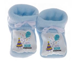 Chausson bébé let's party anniversaire + prénom de couleur Bleu