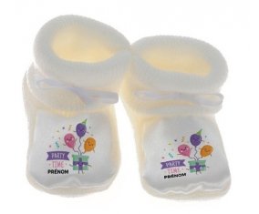 Chausson bébé Party time anniversaire + prénom de couleur Blanc