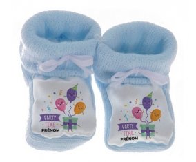 Chausson bébé Party time anniversaire + prénom de couleur Bleu