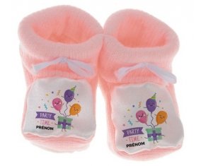 Chausson bébé Party time anniversaire + prénom de couleur Rose
