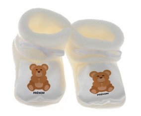 Chausson bébé Ours + prénom de couleur Blanc