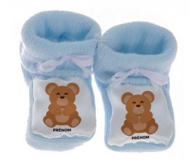 Chausson bébé Ours + prénom de couleur Bleu