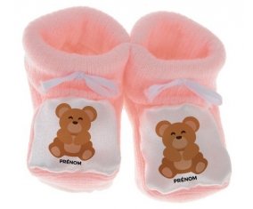 Chausson bébé Ours + prénom de couleur Rose