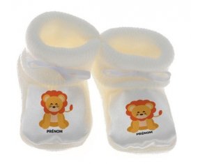 Chausson bébé Lion style 3 + prénom de couleur Blanc