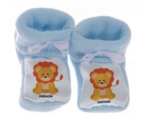 Chausson bébé Lion style 3 + prénom de couleur Bleu