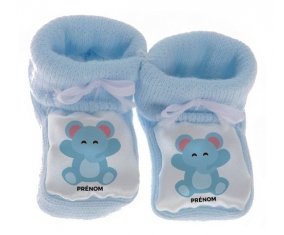 Chausson bébé Éléphant style 4 + prénom de couleur Bleu
