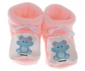 Chausson bébé Éléphant style 4 + prénom de couleur Rose