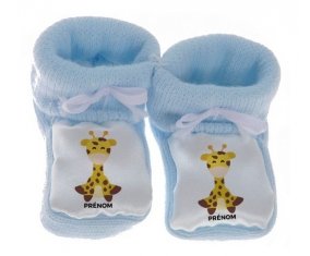 Chausson bébé Girafe style 4 + prénom de couleur Bleu