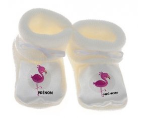 Chausson bébé Flamant rose + prénom de couleur Blanc