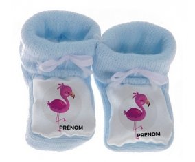 Chausson bébé Flamant rose + prénom de couleur Bleu