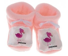 Chausson bébé Flamant rose + prénom de couleur Rose