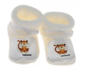 Chausson bébé Tigre style 1 + prénom de couleur Blanc