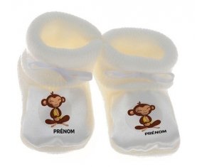 Chausson bébé Singe style 3 + prénom de couleur Blanc